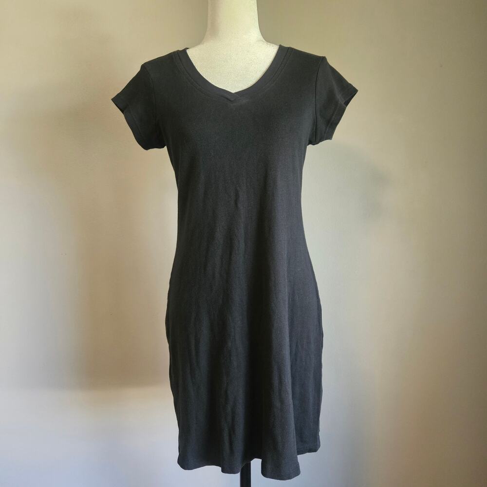 Newport News Dress Small Black Cotton V Neck Cap Sleeve T Shirt Comfy Chic Vtg